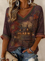 Women's OCTOBER IN NEW ENGLAND Printed Mid-length Sleeves V-neck T-shirt