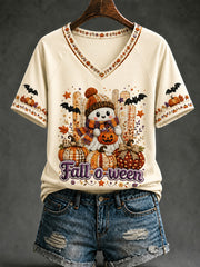 Women's Cozy Autumn Halloween Fall O Ween Ghost V-neck Short Sleeve T-shirt