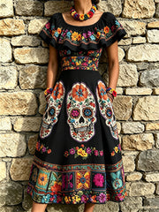 Women's Day of the Dead Sugar Skulls Mexican Floral Print Ruffle Maxi Dress