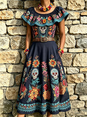 Women's Day of the Dead Sugar Skulls Mexican Floral Print Ruffle Maxi Dress