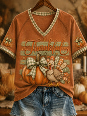 Women's Vintage Thanksgiving Pumpkin Turkey Maple Leaf V-neck Short Sleeve T-shirt
