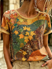 Women's Autumn Fallen Leaves Printed T-shirt