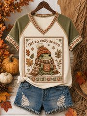 Women's Off To Cozy Season Printed V-neck Off-shoulder T-shirt