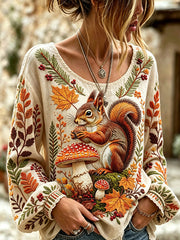Women's autumn theme animal pattern printed casual cotton and linen shirt