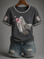 Women’s Fall Halloween Cute Bubble Gum Ghost Print Casual Tee