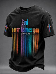 Men's "God Never Leaves You" Christian Faith Print Casual T-Shirt