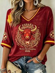 Women's 2026 España Football Fans Casual Mid-length Sleeves V-Neck T-Shirt