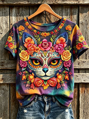 Women's Day of the Dead animal and flowers pattern printed casual short-sleeve T-shirt