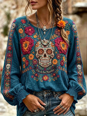 Women's Day Of The Dead Sugar Skull Mexican Floral Print Cotton-Linen Shirt