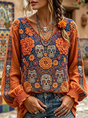 Women's Day Of The Dead Sugar Skull Mexican Floral Print Cotton-Linen Shirt