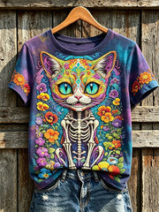Women's Day of the Dead animal and flowers pattern printed casual short-sleeve T-shirt
