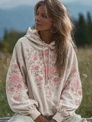 Women's light pink flowers pattern printed casual hoodie