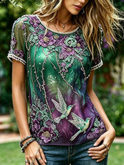 Women's Classy Humming Birds & Purple Floral Print Gradient linen short-sleeved T-shirt