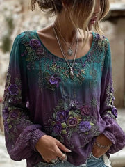 Women's Retro Floral Embroidery Cotton Linen Round Neck Long Sleeve Top