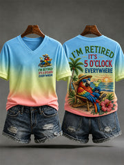 Women's I'm Retired It's 5 O'clock Everywhere Parrot Print Casual V-Neck Tee