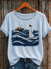 Women's Christian Jesus Walking on Water O-neck Short Sleeve T-shirt