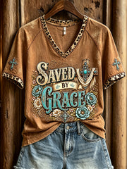 Women's Saved By Grace Western Cross Print V-neck Short-sleeved T-shirt