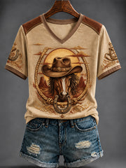 Women's Vintage Western Printed V-neck T-shirt