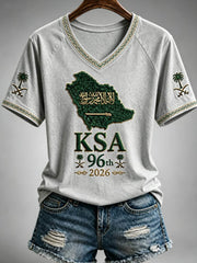 Women's Saudi National Day V-neck off-shoulder short-sleeved T-shirt