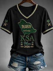 Women's Saudi National Day V-neck off-shoulder short-sleeved T-shirt