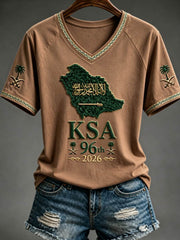 Women's Saudi National Day V-neck off-shoulder short-sleeved T-shirt