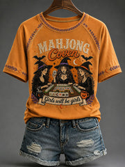 Women's Halloween Mahjong Night Printed Casual T-Shirt