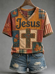 Women's Fall Jesus Cross Art Short Sleeve T-shirt