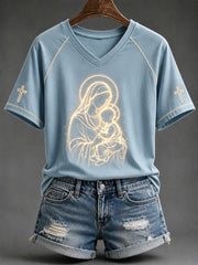 Women's Virgin Mary Cross Print V-neck Short-sleeved T-shirt