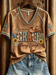 Women's Western Christian Grace Always Enough Print V-neck Short-sleeved T-shirt