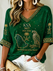Women's Saudi Arabia's 96th National Day Mid-length Sleeves V-Neck T-Shirt