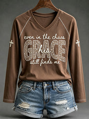 Women's His Grace Still Finds Me Christian Faith Floral Print Long-sleeved T-shirt