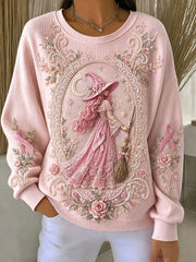 Women's Breast Cancer Awareness Witch Ribbed Round-Neck Sweatshirt