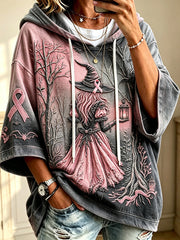 Women’s Breast Cancer Awareness Witch Halloween Print Cozy Hoodie