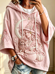 Women’s Witch Moon Cat Pink Ribbon Print Breast Cancer Awareness Hoodie