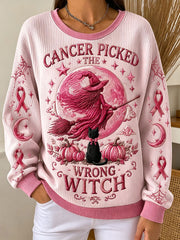 Women's Cancer Picked The Wrong Witch Ribbed Round-Neck Sweatshirt