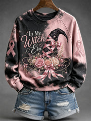 Women's In My Witch Era Pink Ribbon Print Raglan Sleeve Sweatshirt