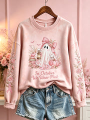 Breast Cancer Theme Halloween Elements Pattern Printed Casual Sweatshirt