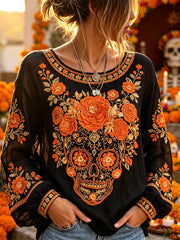 Women's Day of the Dead Sugar Skull Marigolds Floral Print Cotton-Linen Shirt