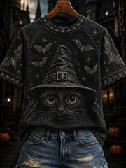 Women's Halloween Witch Cat Print Round Neck Short Sleeve T-shirt