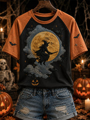 Women's Witch Halloween Night Print Round Neck Short Sleeve T-shirt