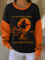 Women's Halloween Witch Pumpkin Bat Ribbed Round-Neck Sweatshirt