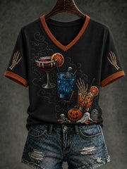 Women's Halloween Drink Up Printed V-neck T-shirt