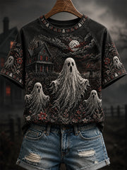 Women's Halloween Spooky Ghost Print Round Neck Short Sleeve T-shirt