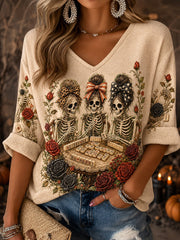 Women's Halloween Mahjong Waffle V-Neck Tops