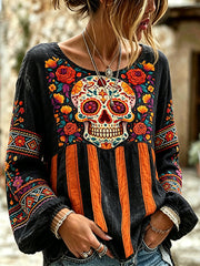 Women's Day of the Dead Plant And Flower Pattern Printed Casual Cotton-Linen Shirt
