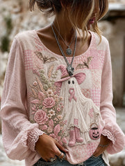 Women's Pink Ribbon Ghost Breast Cancer Awareness Cotton-Linen Shirt