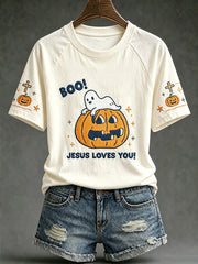 Women's retro faith theme Halloween element pattern printed casual short sleeve T-shirt