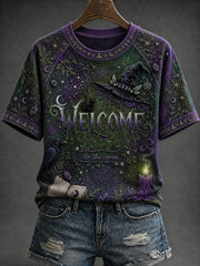 Women's Halloween Retro Dark Witch Pattern Printed Casual Short Sleeve T-Shirt