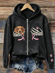 Women's Dachshund Breast Cancer Pink Ribbon Halloween Skeleton Print Full Zip Hoodie