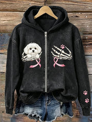 Women's Maltese Dog Breast Cancer Pink Ribbon Halloween Skeleton Print Full Zip Hoodie